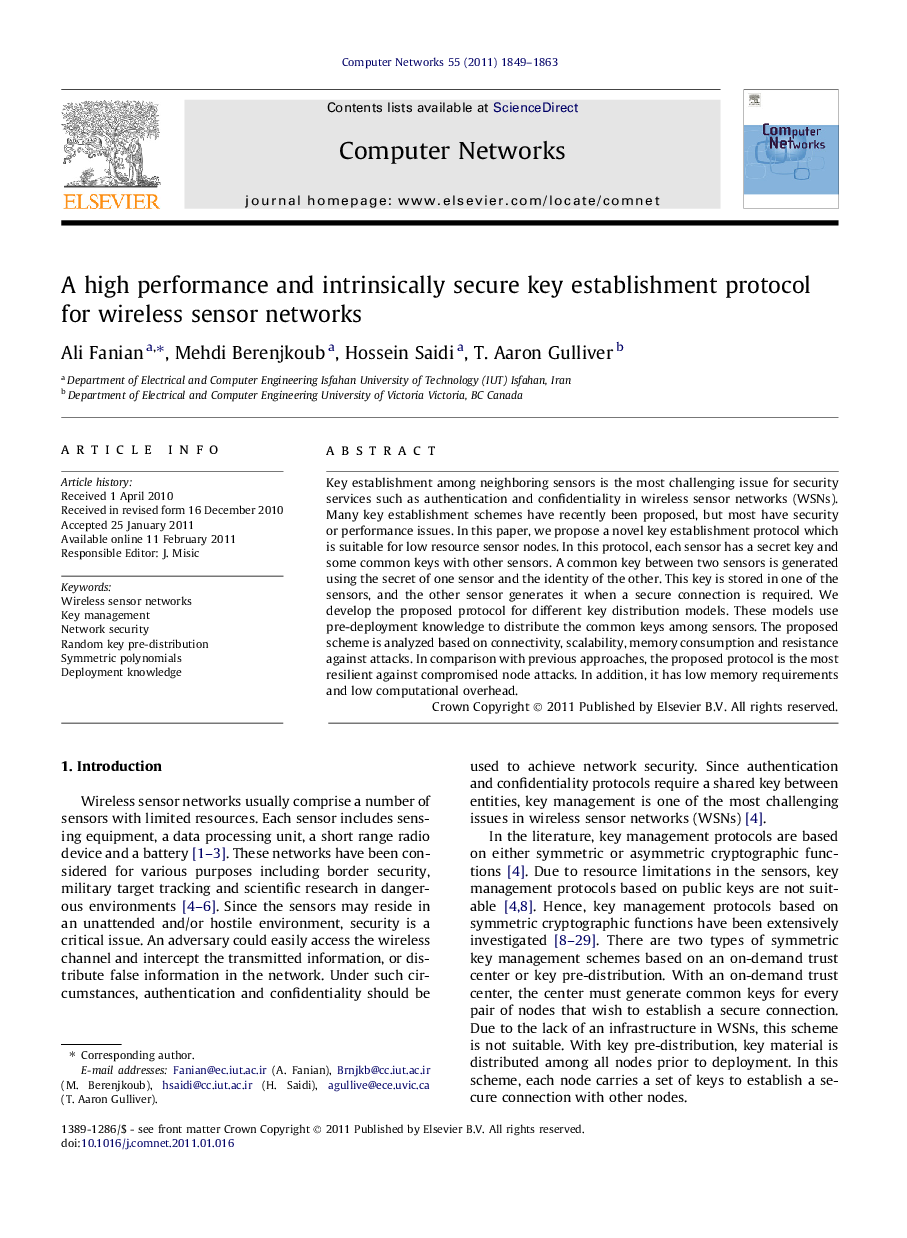 A high performance and intrinsically secure key establishment protocol for wireless sensor networks