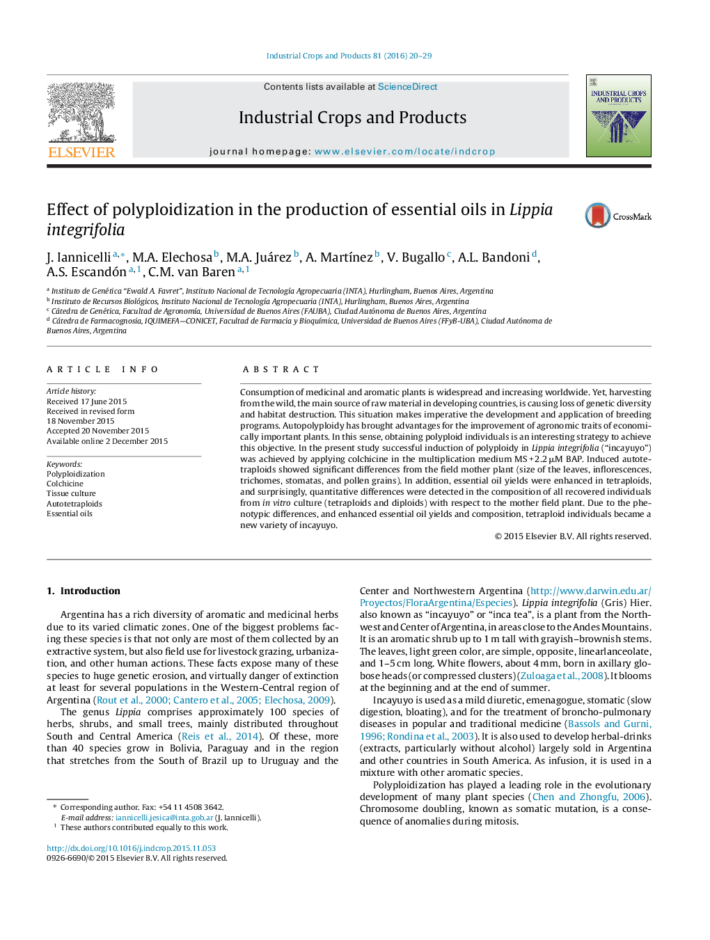 Effect of polyploidization in the production of essential oils in Lippia integrifolia