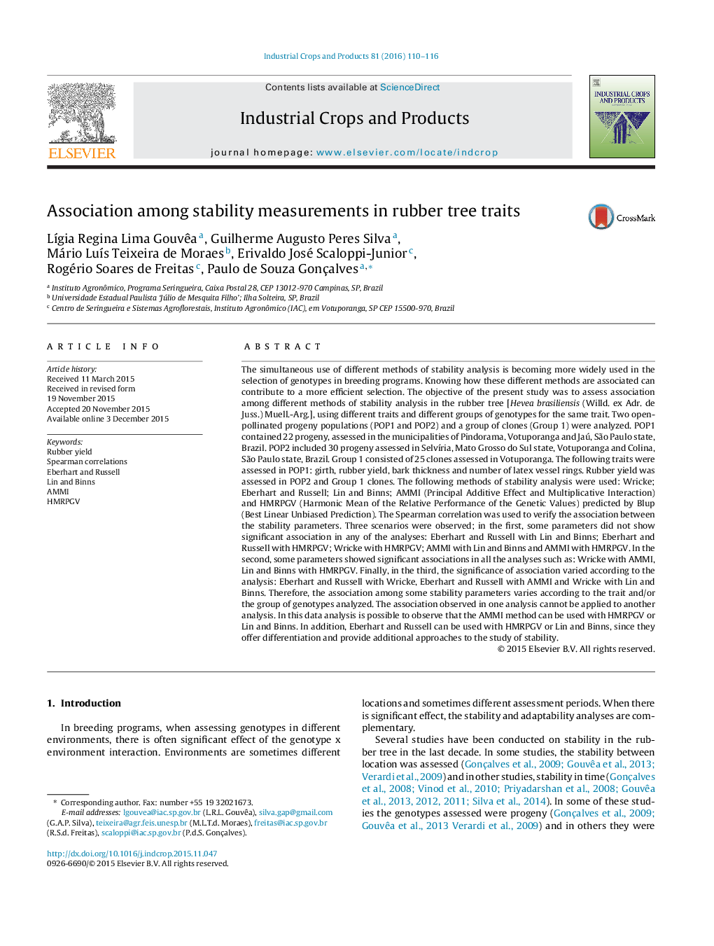 Association among stability measurements in rubber tree traits