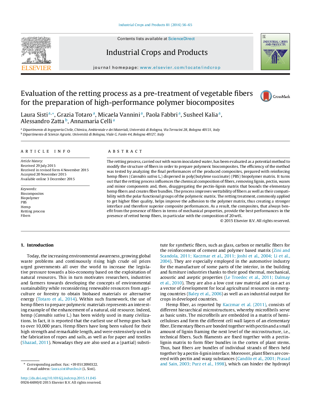 Evaluation of the retting process as a pre-treatment of vegetable fibers for the preparation of high-performance polymer biocomposites