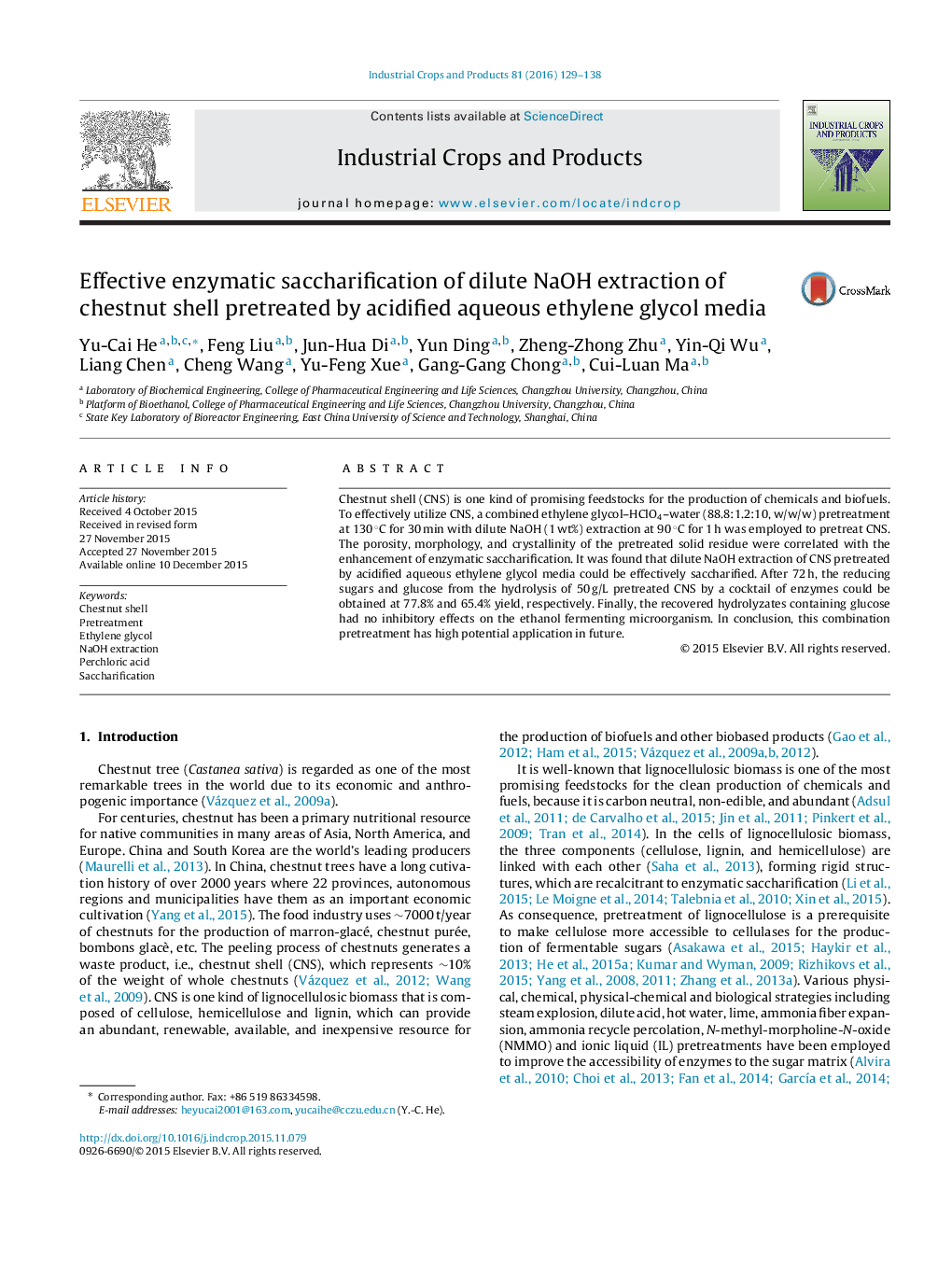 Effective enzymatic saccharification of dilute NaOH extraction of chestnut shell pretreated by acidified aqueous ethylene glycol media