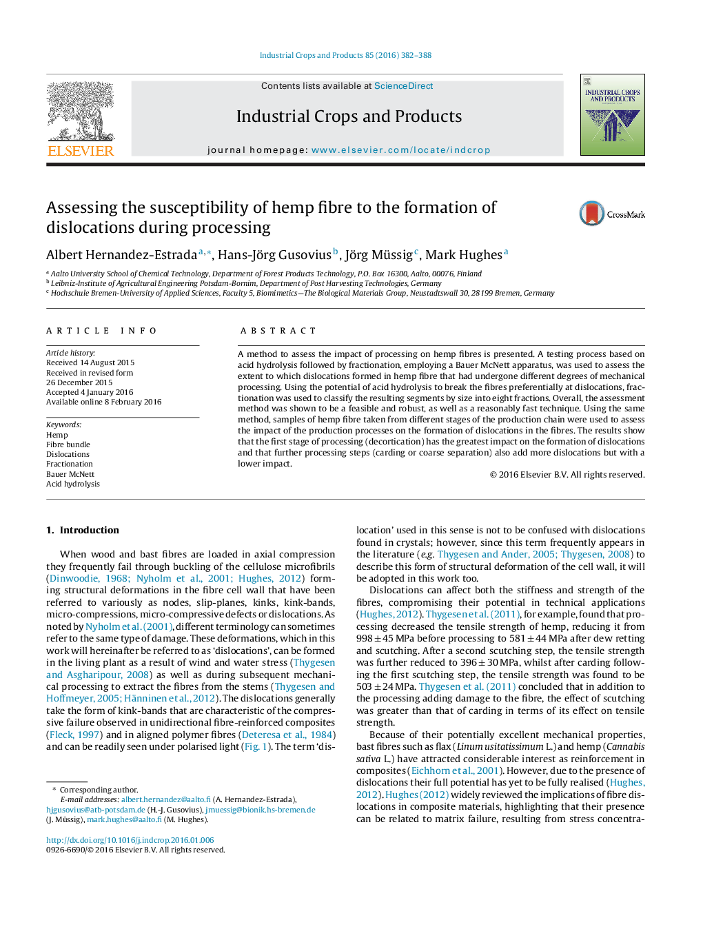 Assessing the susceptibility of hemp fibre to the formation of dislocations during processing