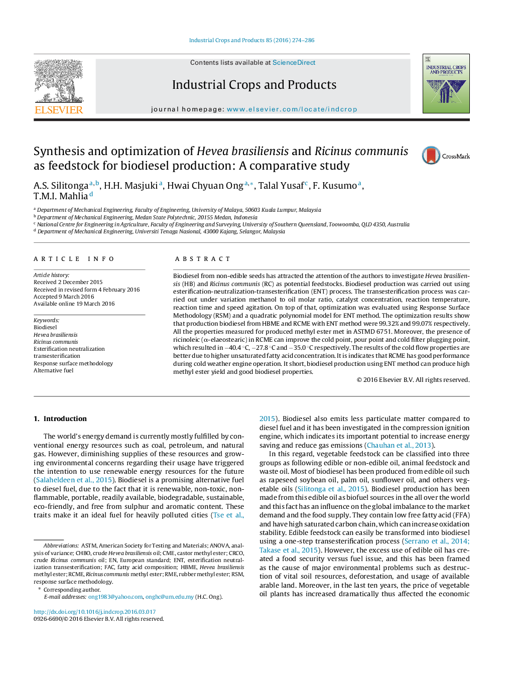 Synthesis and optimization of Hevea brasiliensis and Ricinus communis as feedstock for biodiesel production: A comparative study