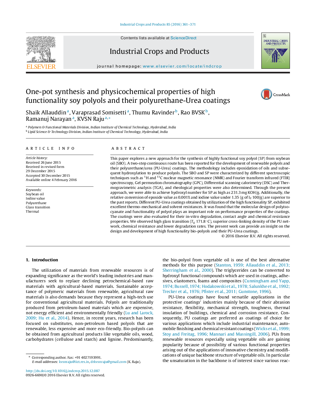 One-pot synthesis and physicochemical properties of high functionality soy polyols and their polyurethane-Urea coatings