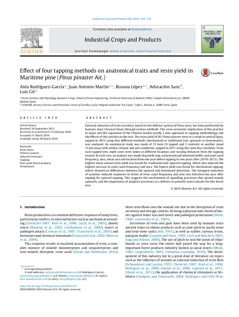 Effect of four tapping methods on anatomical traits and resin yield in Maritime pine (Pinus pinaster Ait.)