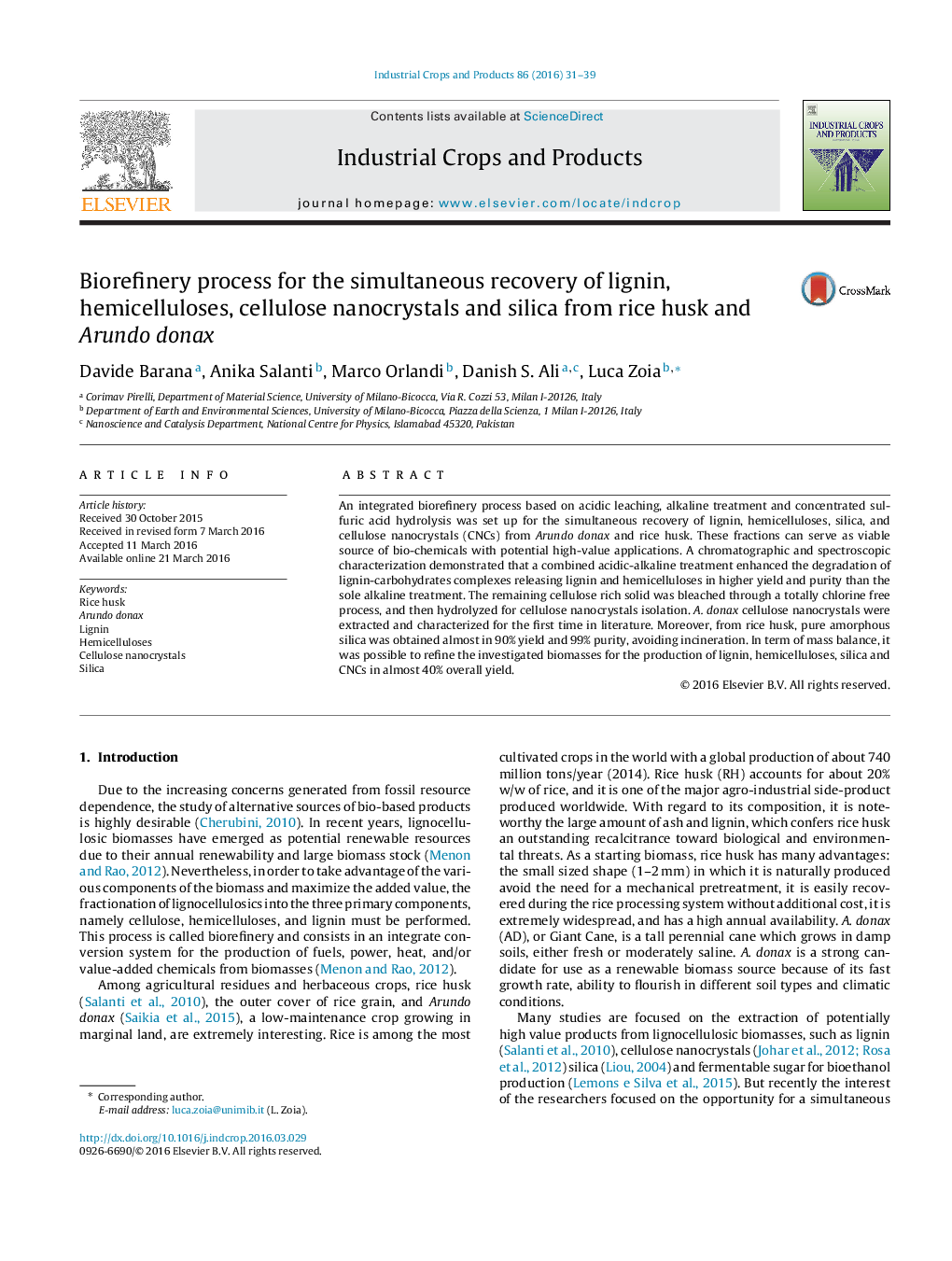 Biorefinery process for the simultaneous recovery of lignin, hemicelluloses, cellulose nanocrystals and silica from rice husk and Arundo donax