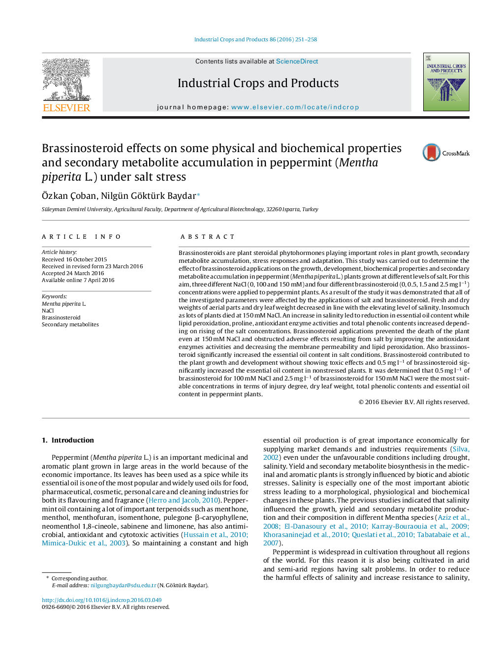 Brassinosteroid effects on some physical and biochemical properties and secondary metabolite accumulation in peppermint (Mentha piperita L.) under salt stress