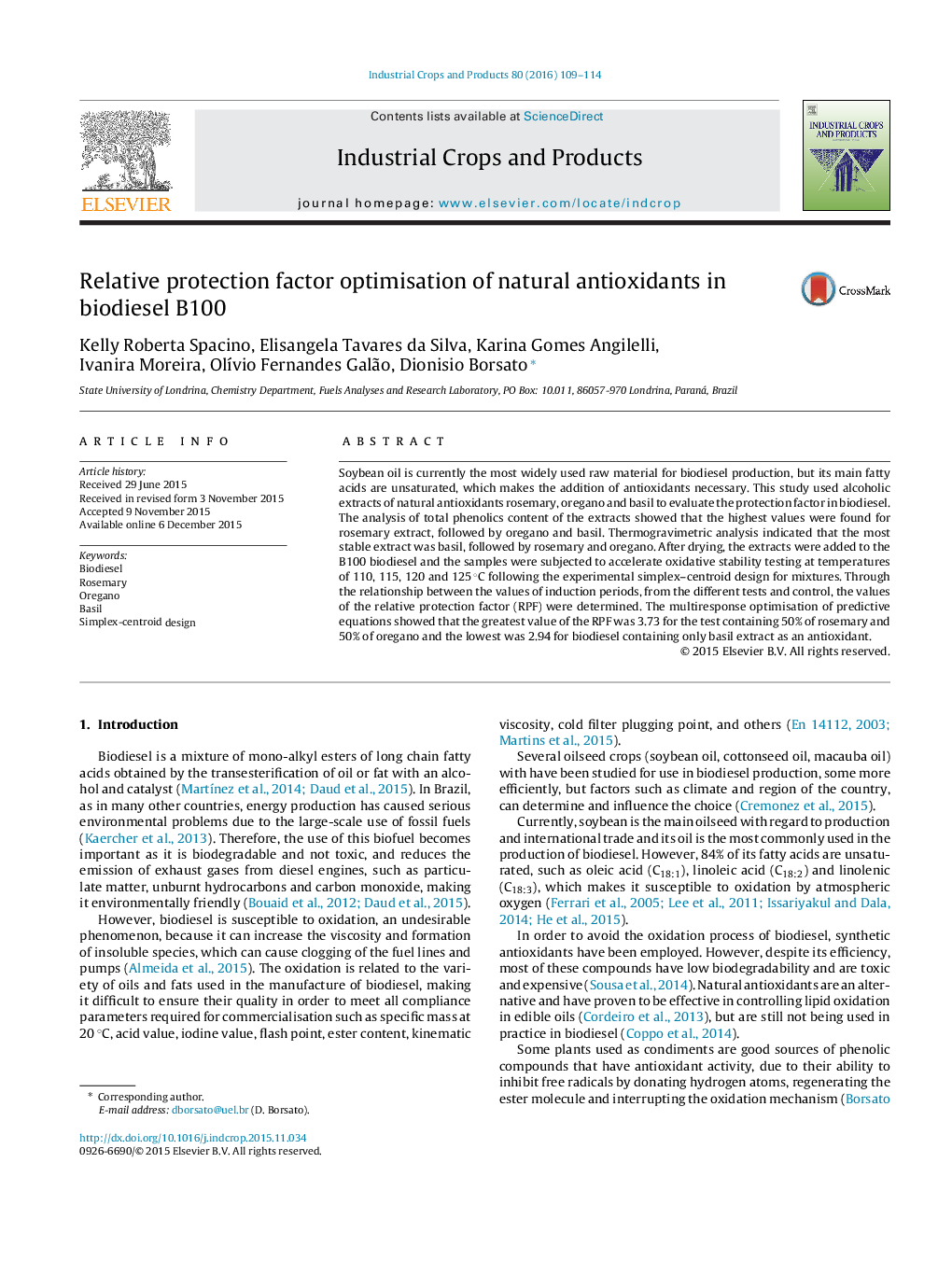 Relative protection factor optimisation of natural antioxidants in biodiesel B100