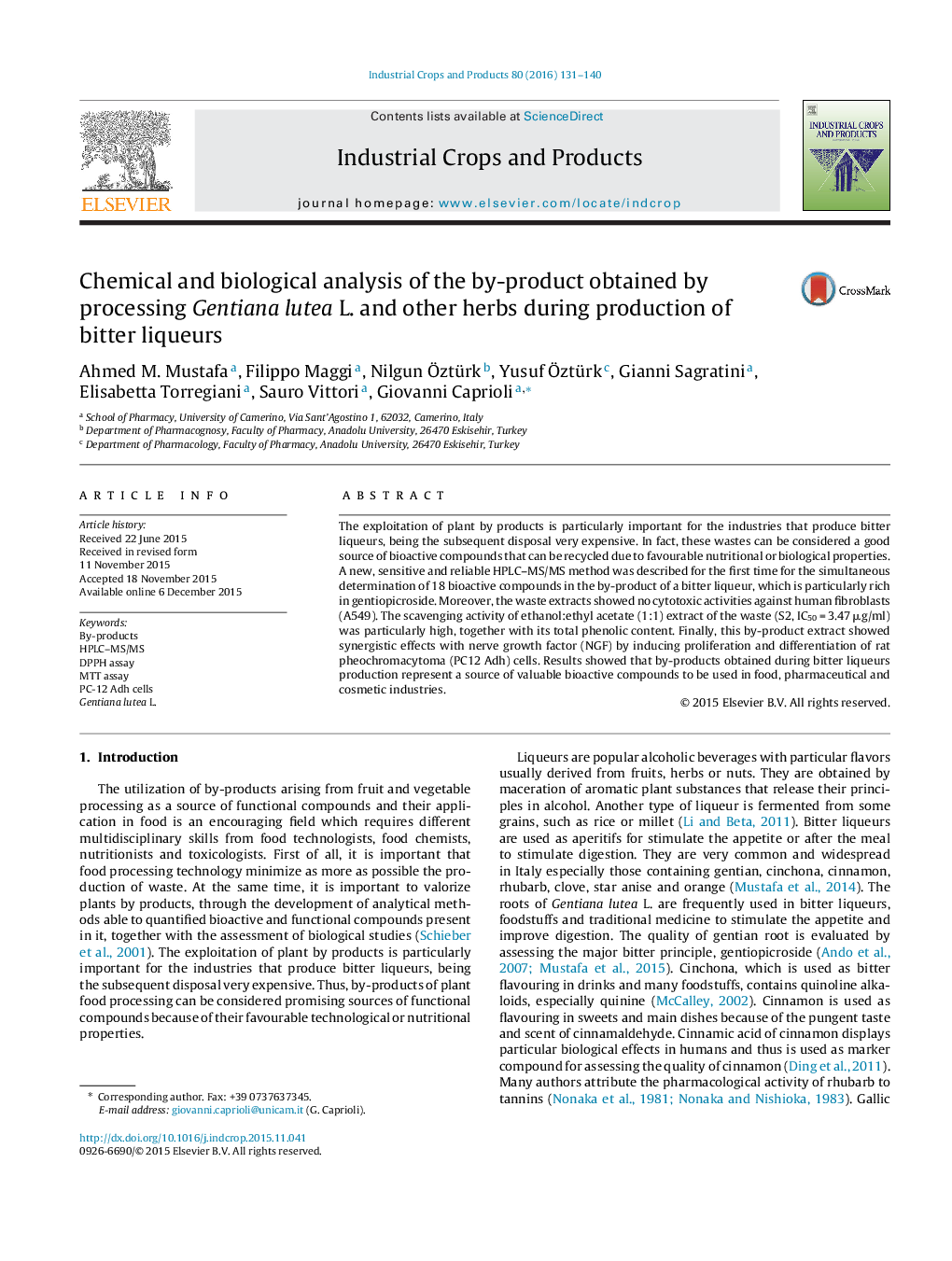 Chemical and biological analysis of the by-product obtained by processing Gentiana lutea L. and other herbs during production of bitter liqueurs