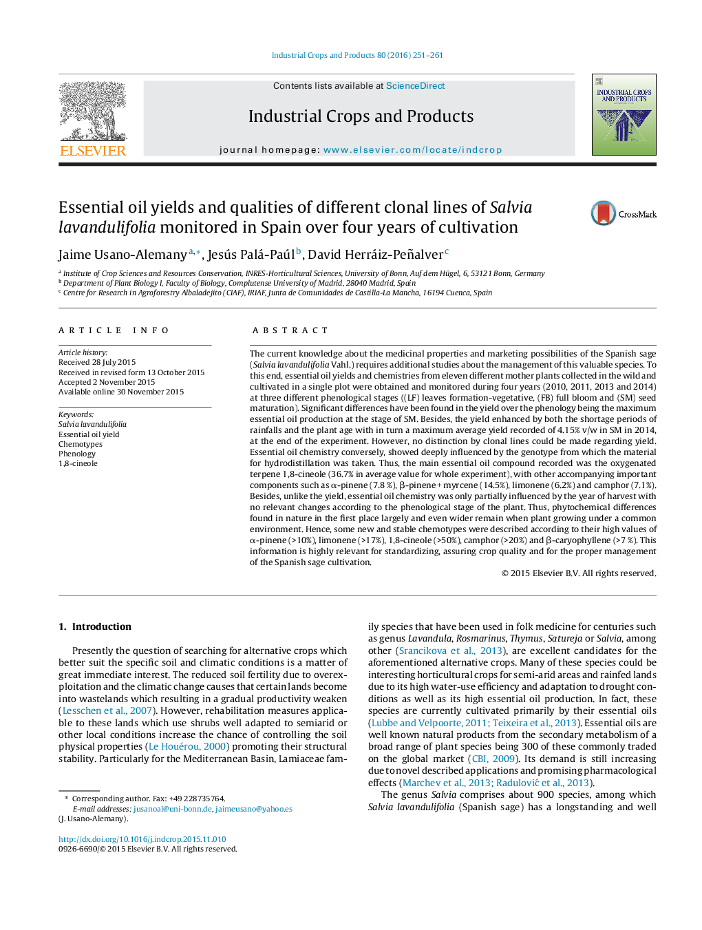 Essential oil yields and qualities of different clonal lines of Salvia lavandulifolia monitored in Spain over four years of cultivation