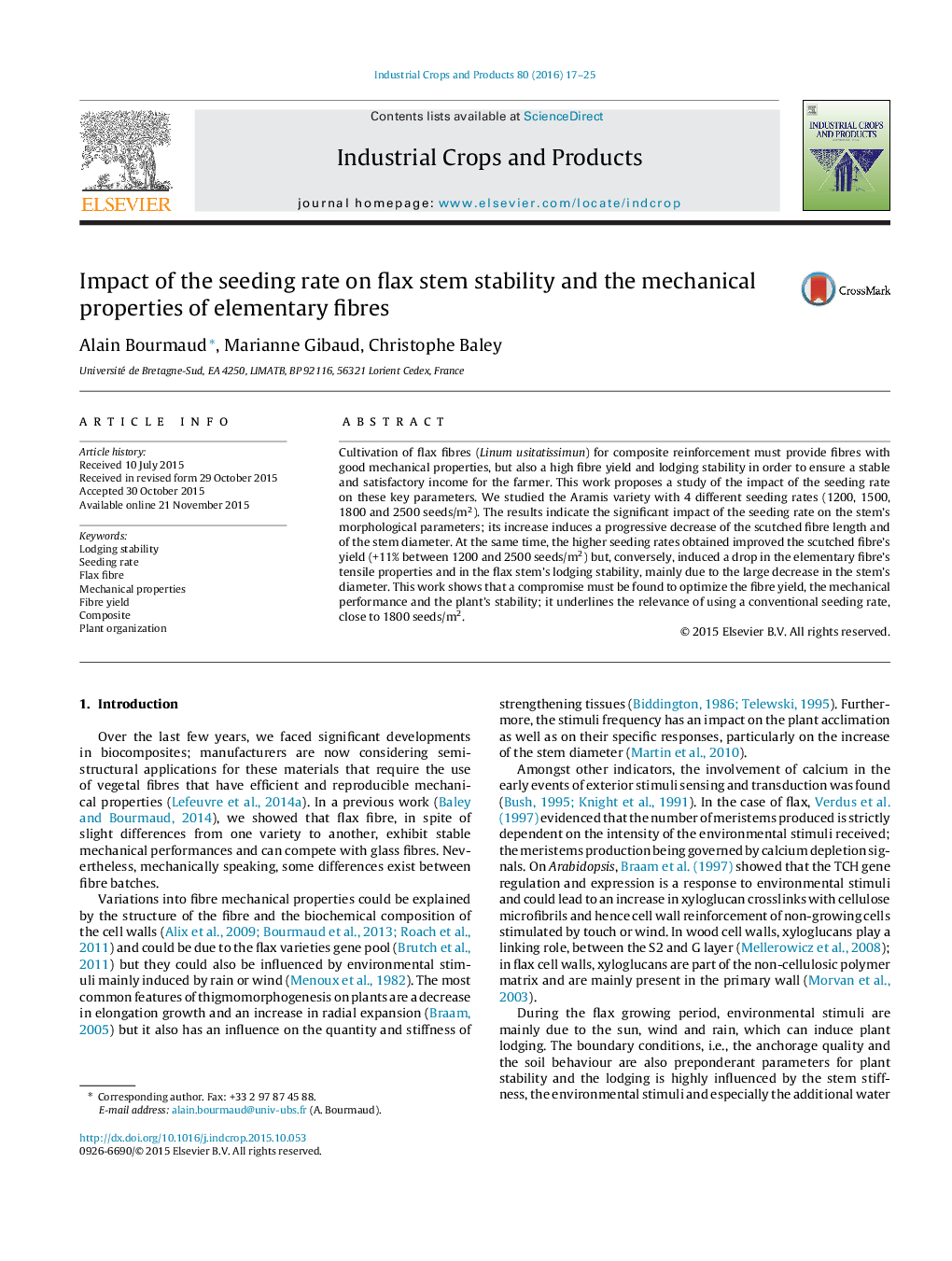 Impact of the seeding rate on flax stem stability and the mechanical properties of elementary fibres