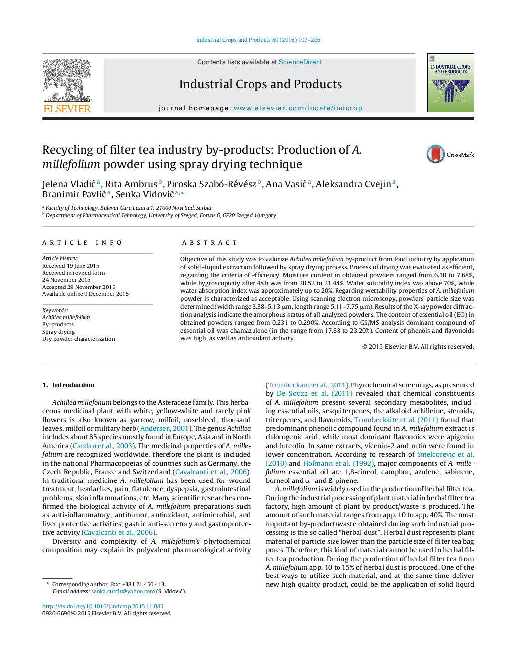 Recycling of filter tea industry by-products: Production of A. millefolium powder using spray drying technique