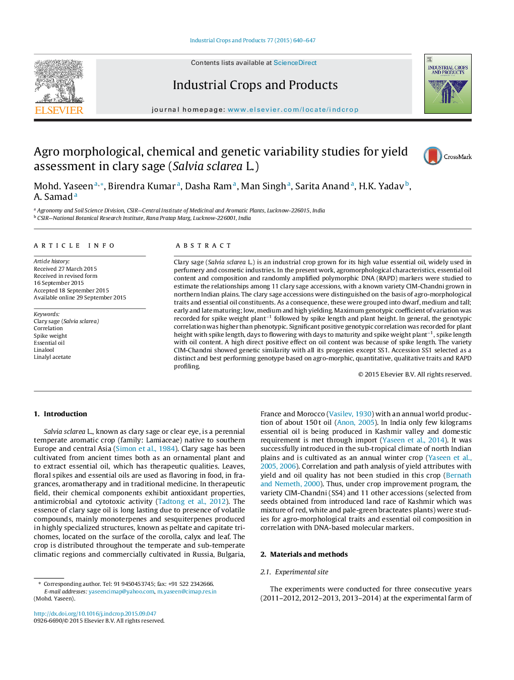 Agro morphological, chemical and genetic variability studies for yield assessment in clary sage (Salvia sclarea L.)