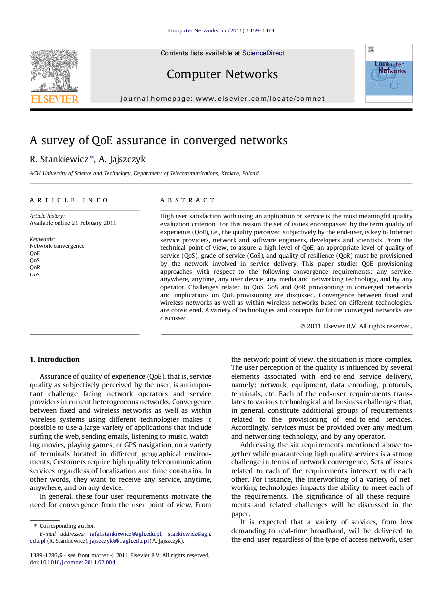 A survey of QoE assurance in converged networks