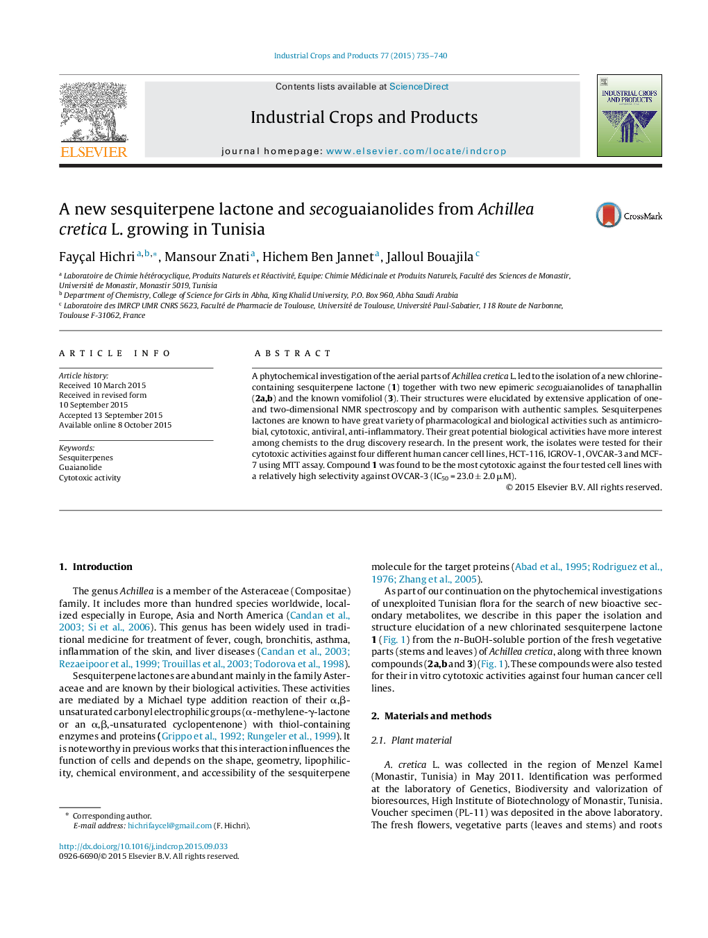 A new sesquiterpene lactone and secoguaianolides from Achillea cretica L. growing in Tunisia