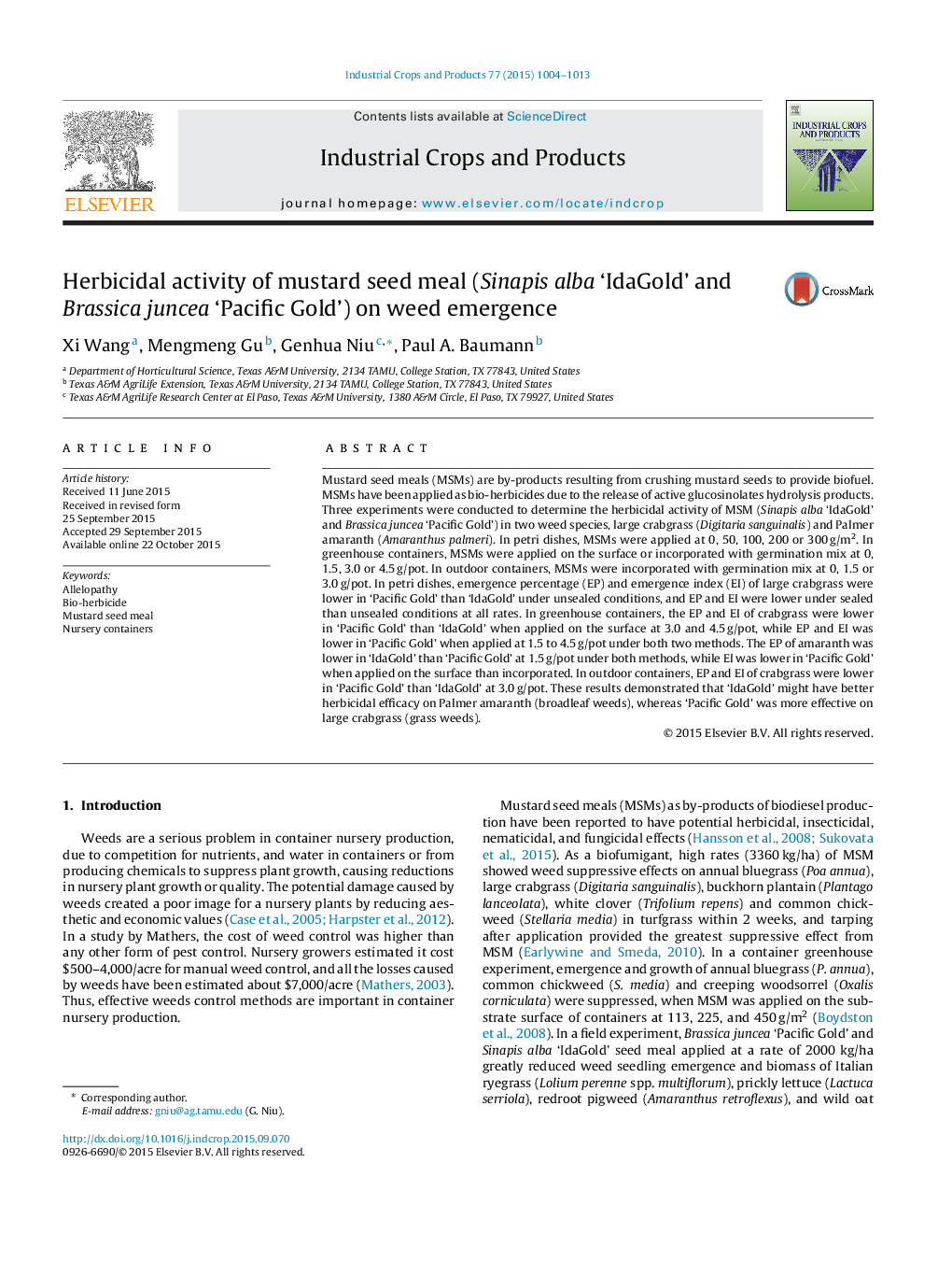 Herbicidal activity of mustard seed meal (Sinapis alba ‘IdaGold’ and Brassica juncea ‘Pacific Gold’) on weed emergence