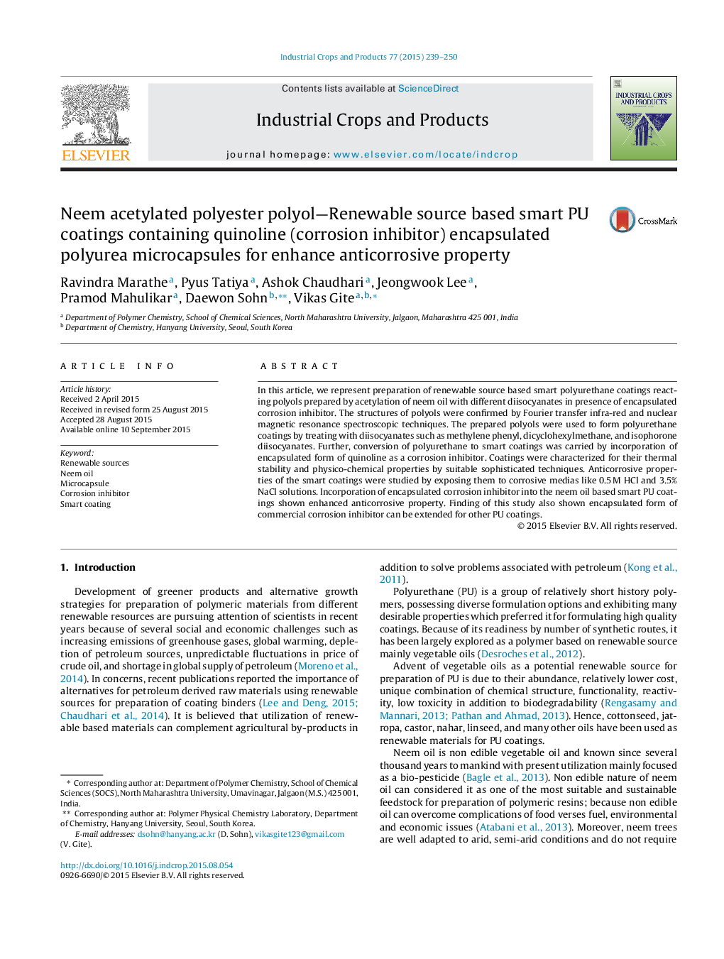 Neem acetylated polyester polyol—Renewable source based smart PU coatings containing quinoline (corrosion inhibitor) encapsulated polyurea microcapsules for enhance anticorrosive property