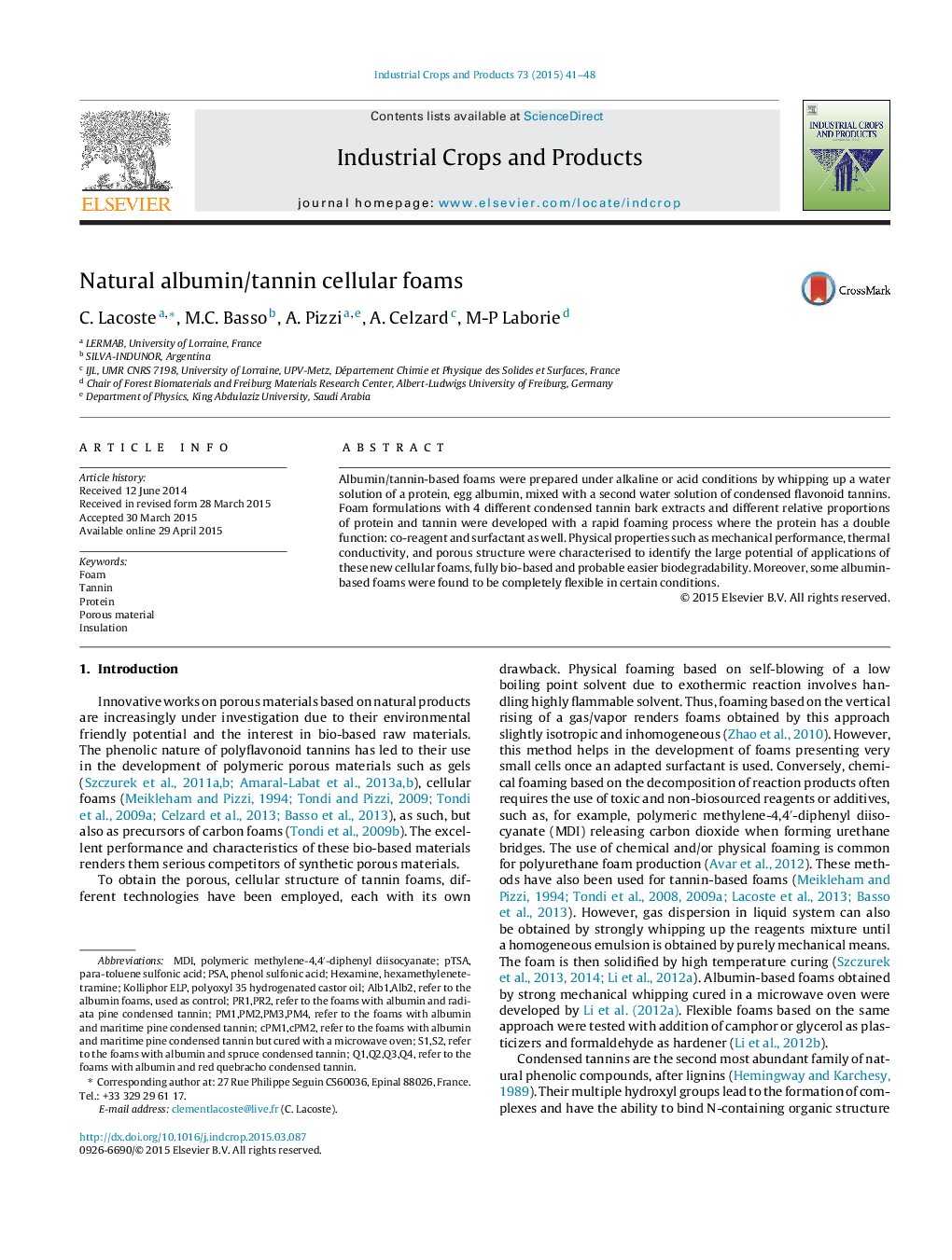 Natural albumin/tannin cellular foams