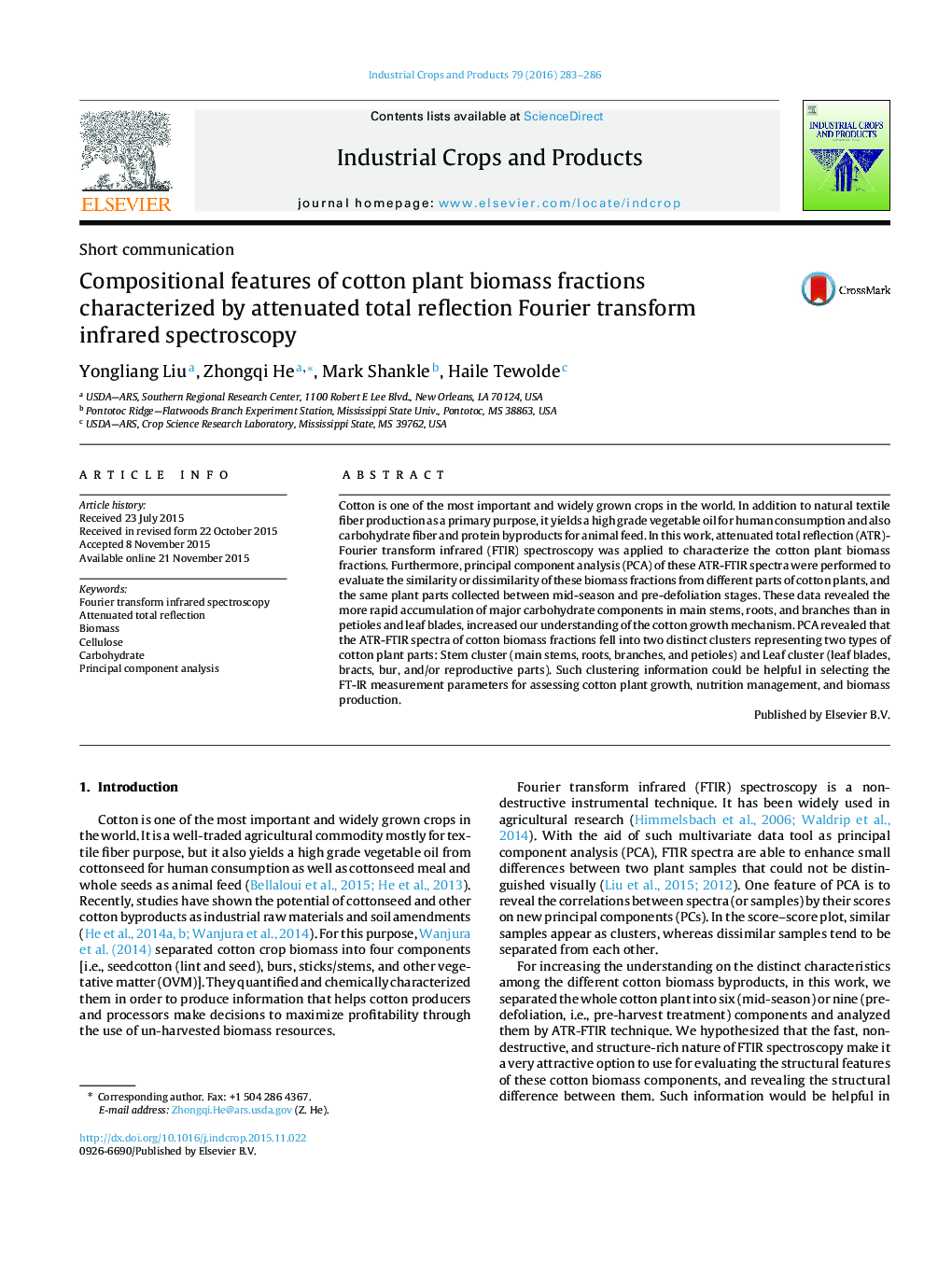 Compositional features of cotton plant biomass fractions characterized by attenuated total reflection Fourier transform infrared spectroscopy