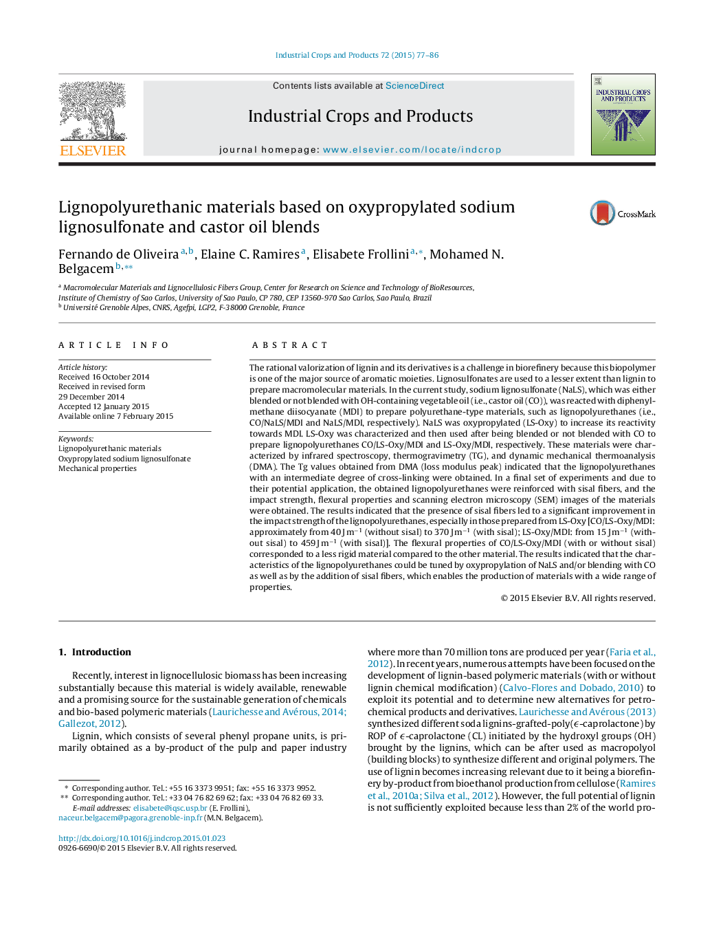 Lignopolyurethanic materials based on oxypropylated sodium lignosulfonate and castor oil blends