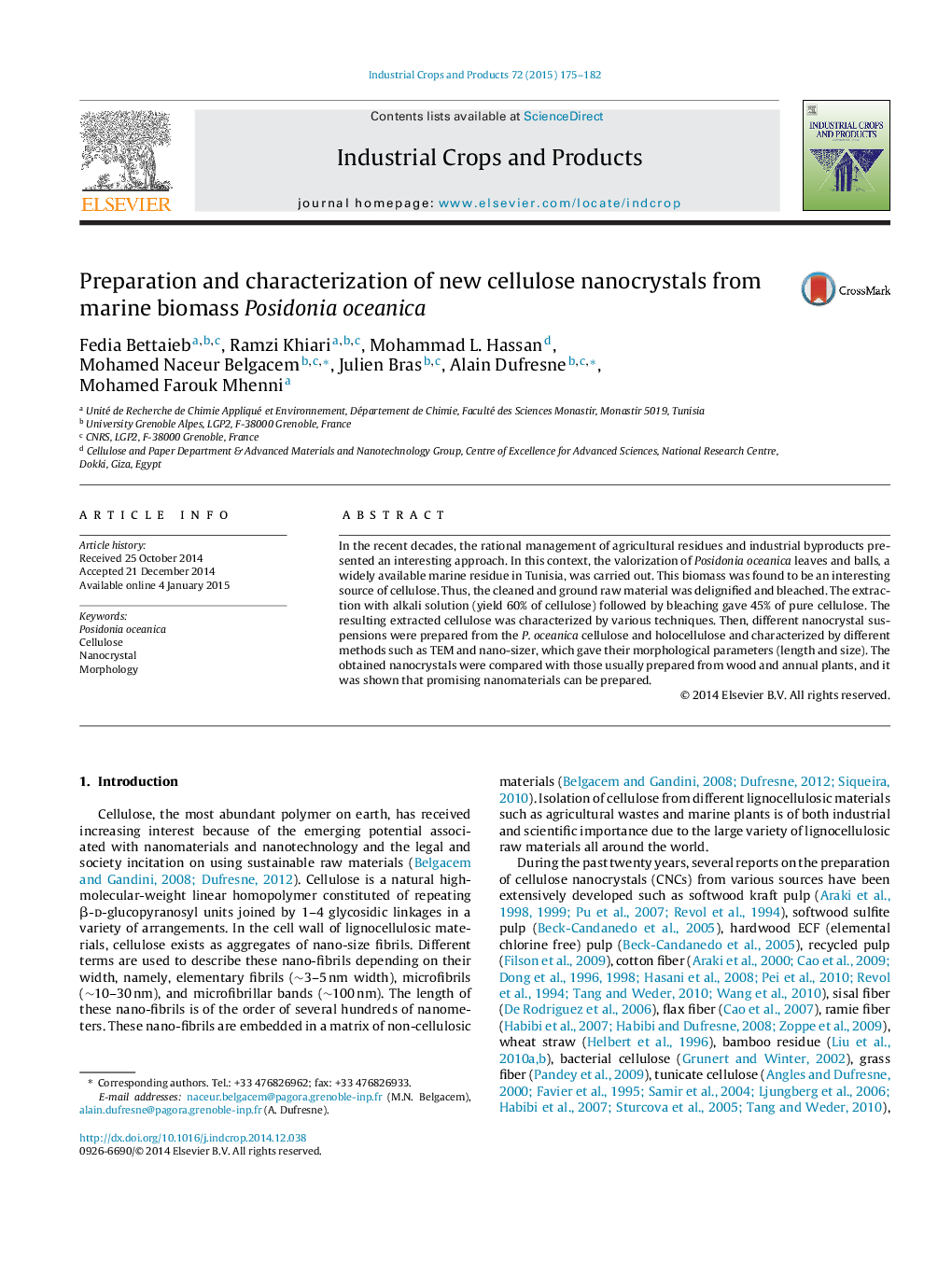 Preparation and characterization of new cellulose nanocrystals from marine biomass Posidoniaoceanica