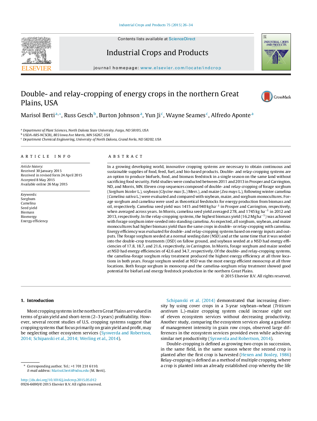 Double- and relay-cropping of energy crops in the northern Great Plains, USA