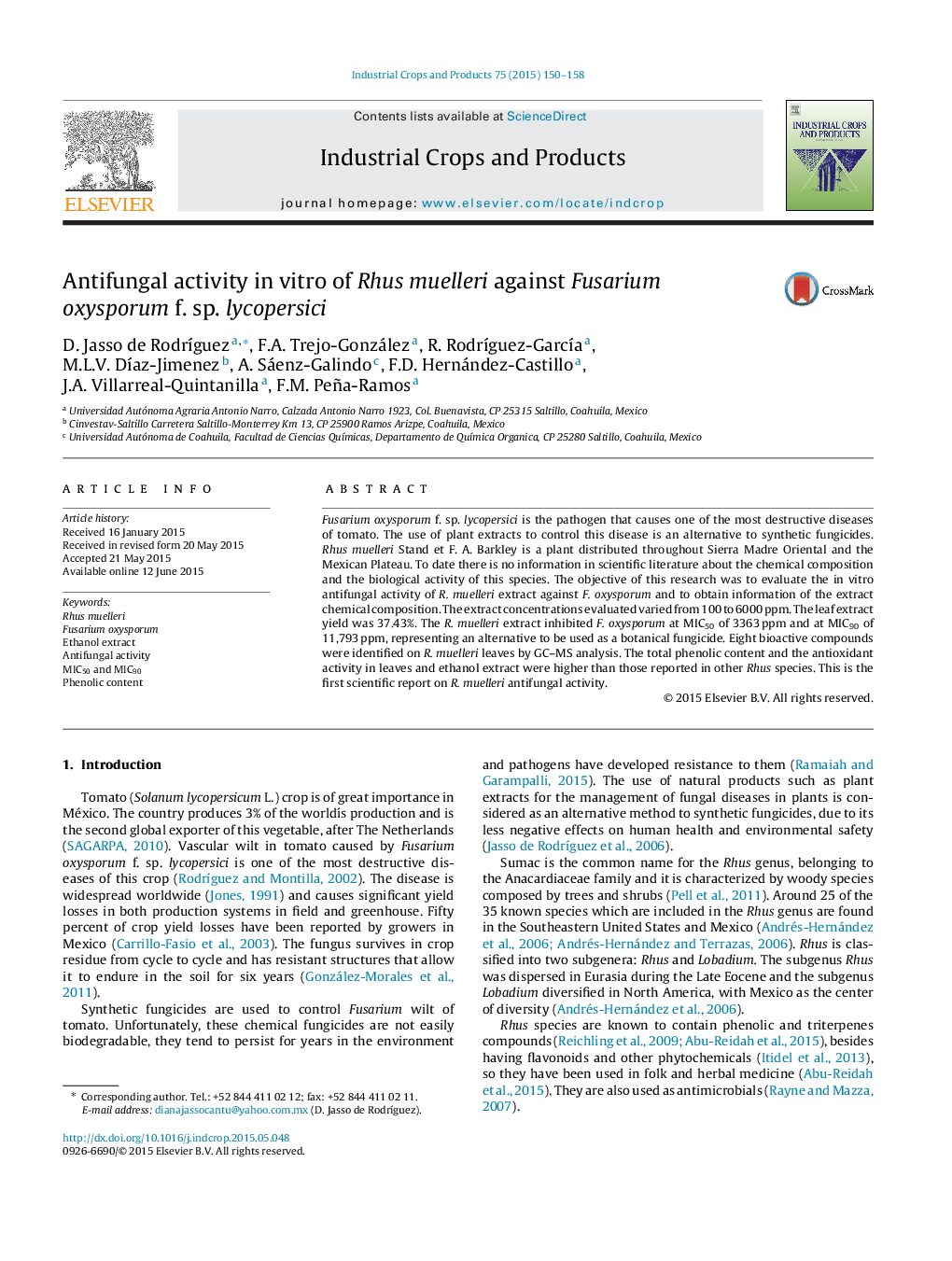 Antifungal activity in vitro of Rhus muelleri against Fusarium oxysporum f. sp. lycopersici