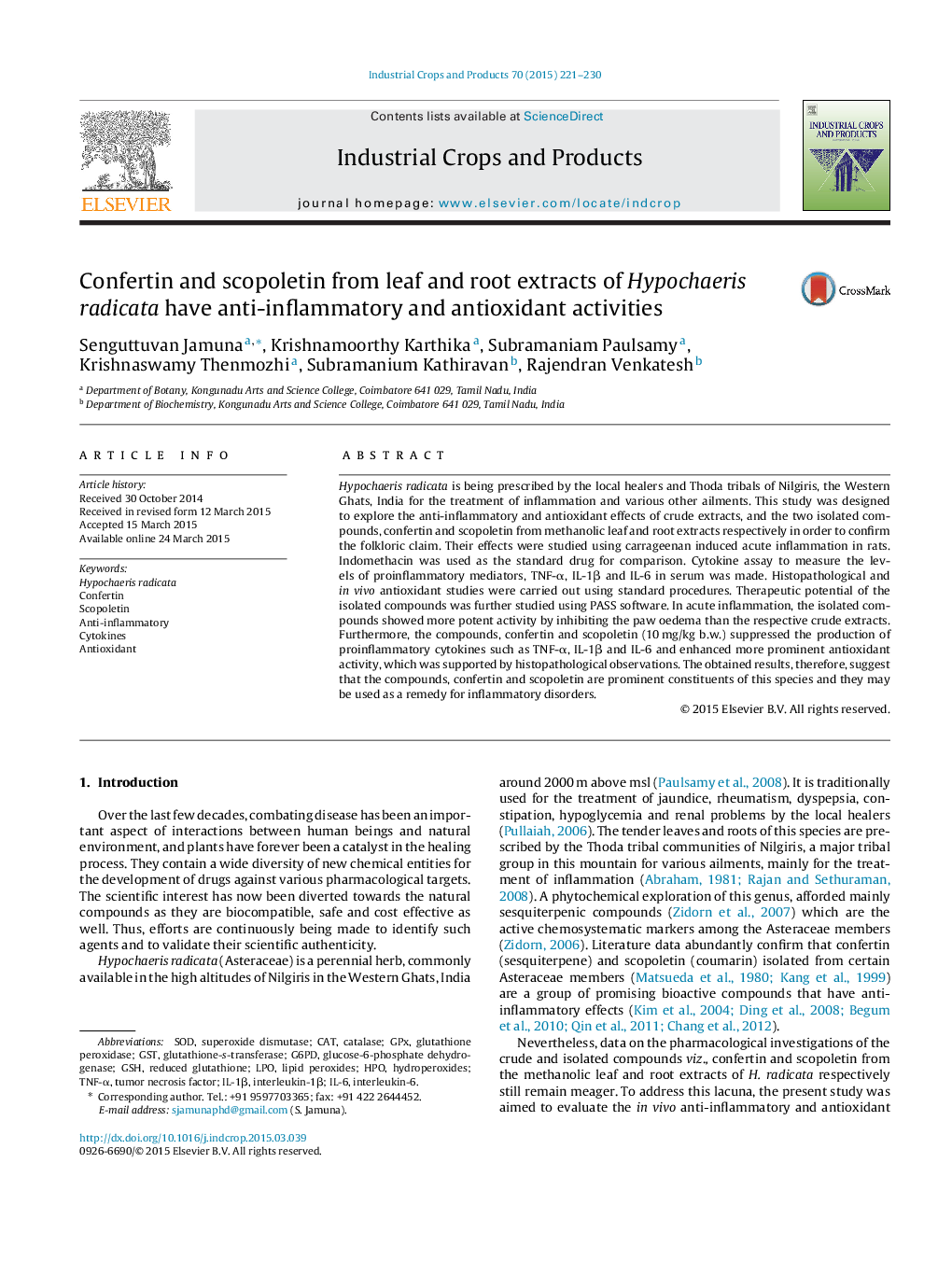 Confertin and scopoletin from leaf and root extracts of Hypochaeris radicata have anti-inflammatory and antioxidant activities