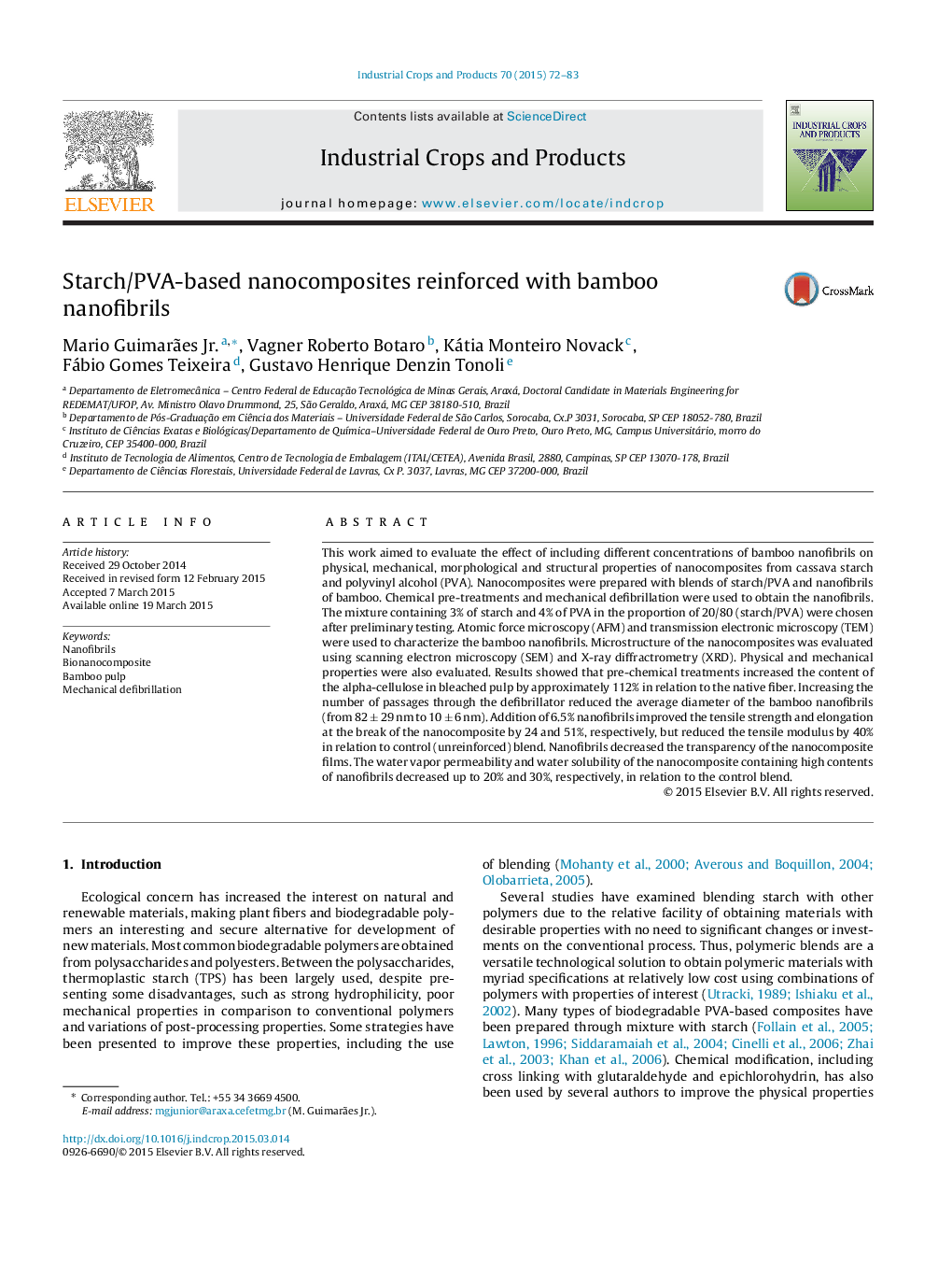 Starch/PVA-based nanocomposites reinforced with bamboo nanofibrils