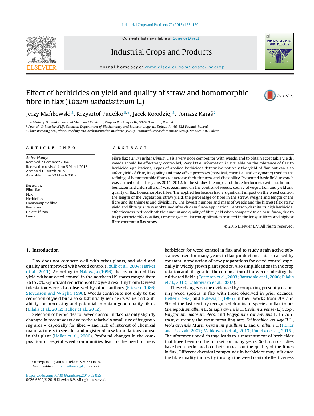 عکس صفحه اول مقاله: Effect of herbicides on yield and quality of straw and homomorphic fibre in flax (Linum usitatissimum L.) Effect of herbicides on yield and quality of straw and homomorphic fibre in flax (Linum usitatissimum L.)