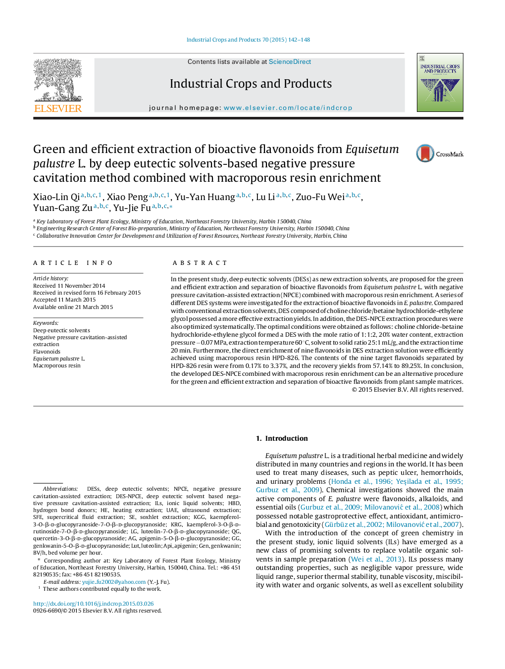 Green and efficient extraction of bioactive flavonoids from Equisetum palustre L. by deep eutectic solvents-based negative pressure cavitation method combined with macroporous resin enrichment