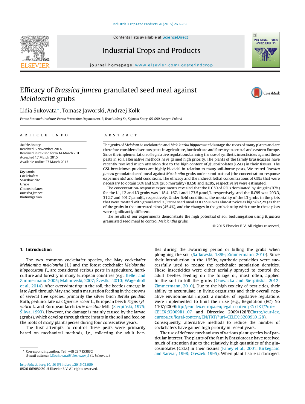 Efficacy of Brassica juncea granulated seed meal against Melolontha grubs