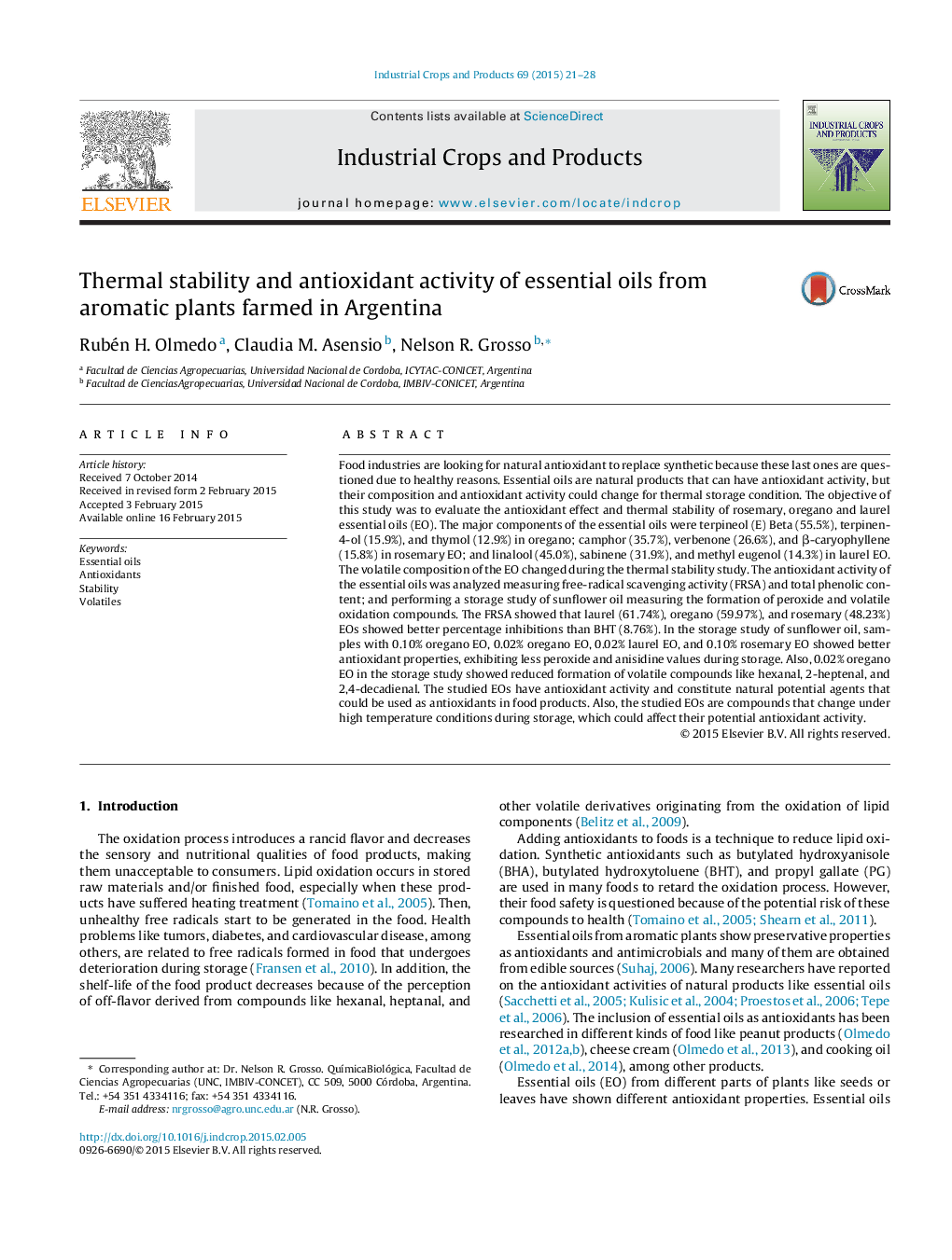 Thermal stability and antioxidant activity of essential oils from aromatic plants farmed in Argentina