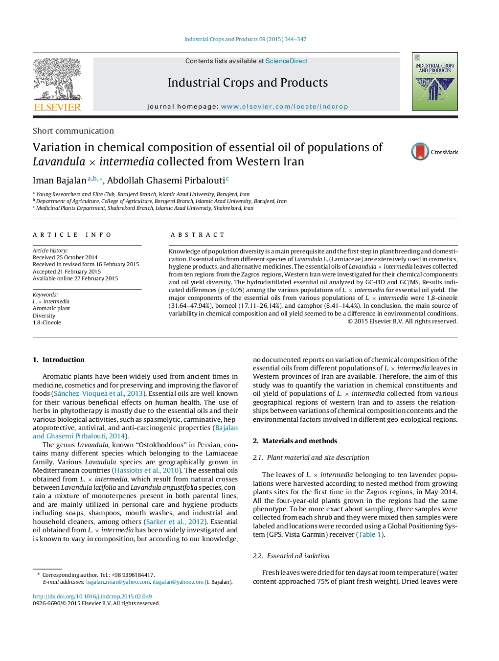 Variation in chemical composition of essential oil of populations of Lavandula × intermedia collected from Western Iran