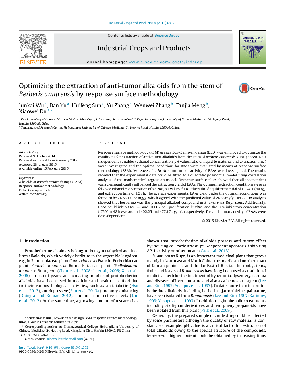 Optimizing the extraction of anti-tumor alkaloids from the stem of Berberis amurensis by response surface methodology