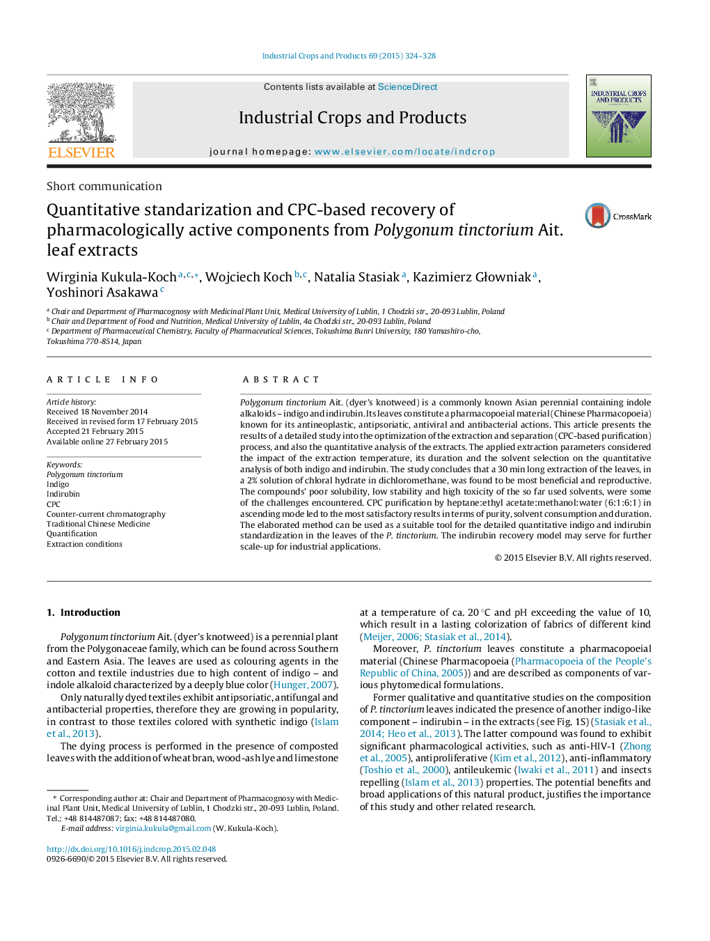 Quantitative standarization and CPC-based recovery of pharmacologically active components from Polygonum tinctorium Ait. leaf extracts