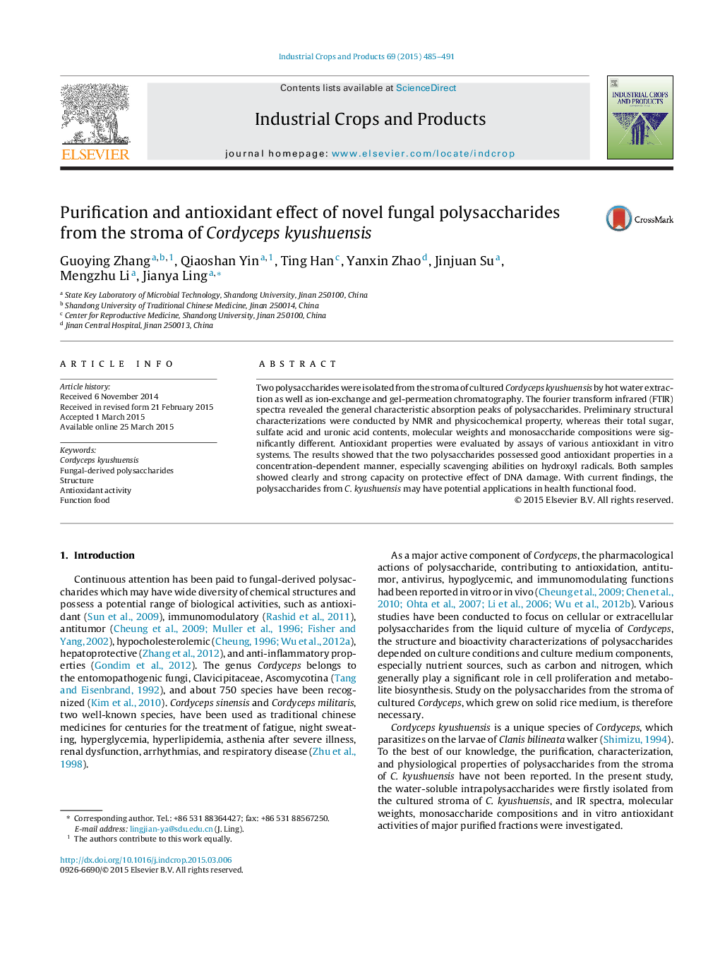 Purification and antioxidant effect of novel fungal polysaccharides from the stroma of Cordyceps kyushuensis