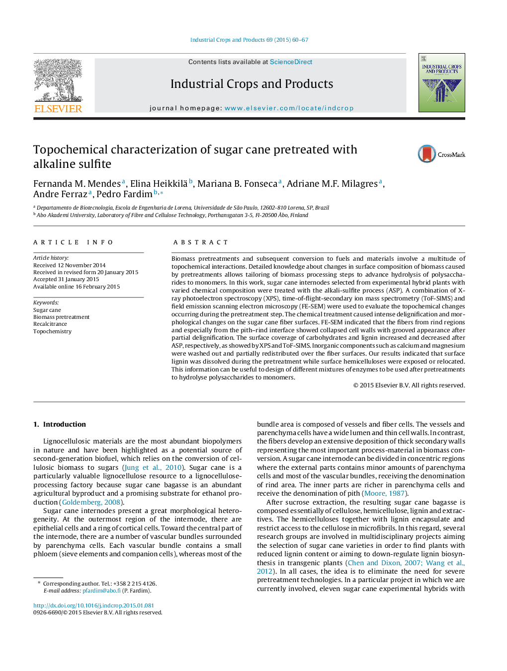 Topochemical characterization of sugar cane pretreated with alkaline sulfite