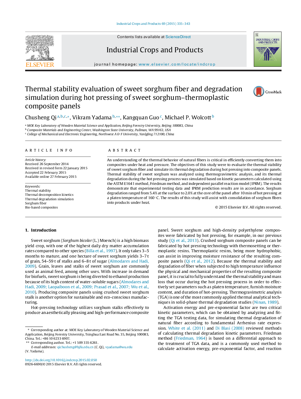 Thermal stability evaluation of sweet sorghum fiber and degradation simulation during hot pressing of sweet sorghum–thermoplastic composite panels