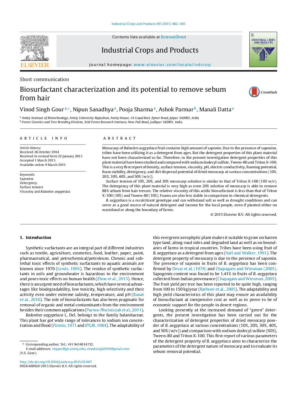 Biosurfactant characterization and its potential to remove sebum from hair