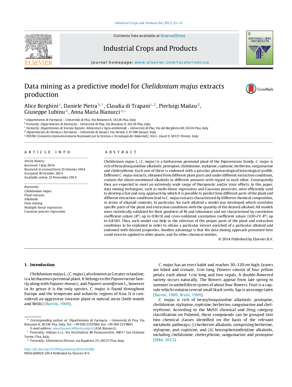 Data mining as a predictive model for Chelidonium majus extracts production