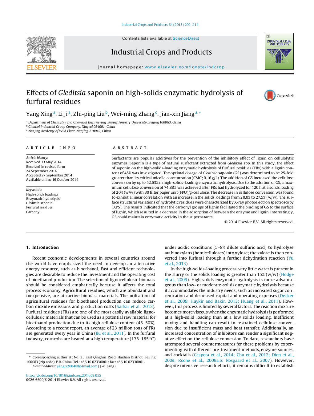 Effects of Gleditsia saponin on high-solids enzymatic hydrolysis of furfural residues