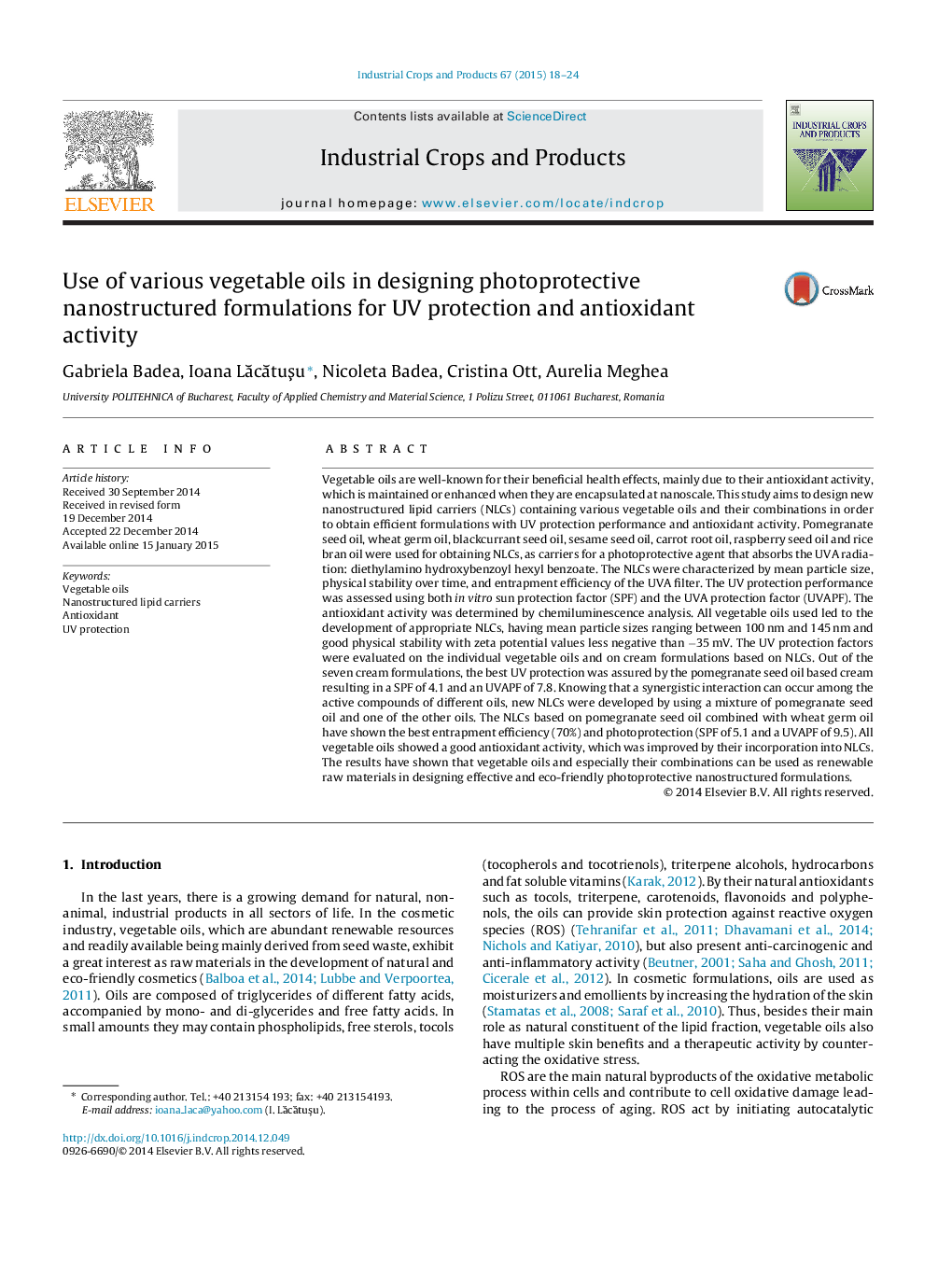 Use of various vegetable oils in designing photoprotective nanostructured formulations for UV protection and antioxidant activity