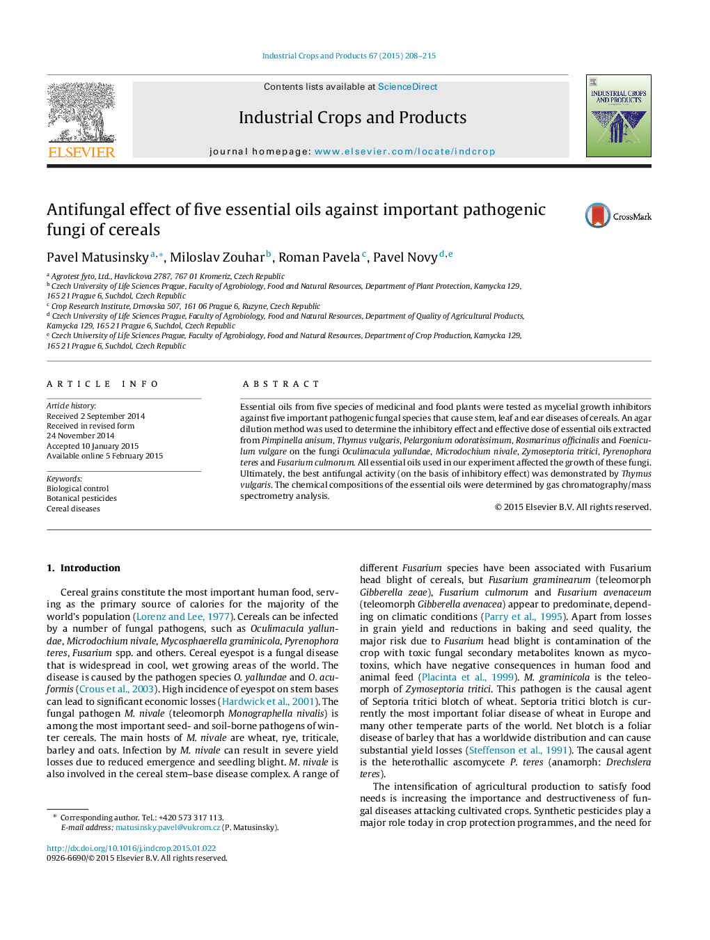 Antifungal effect of five essential oils against important pathogenic fungi of cereals