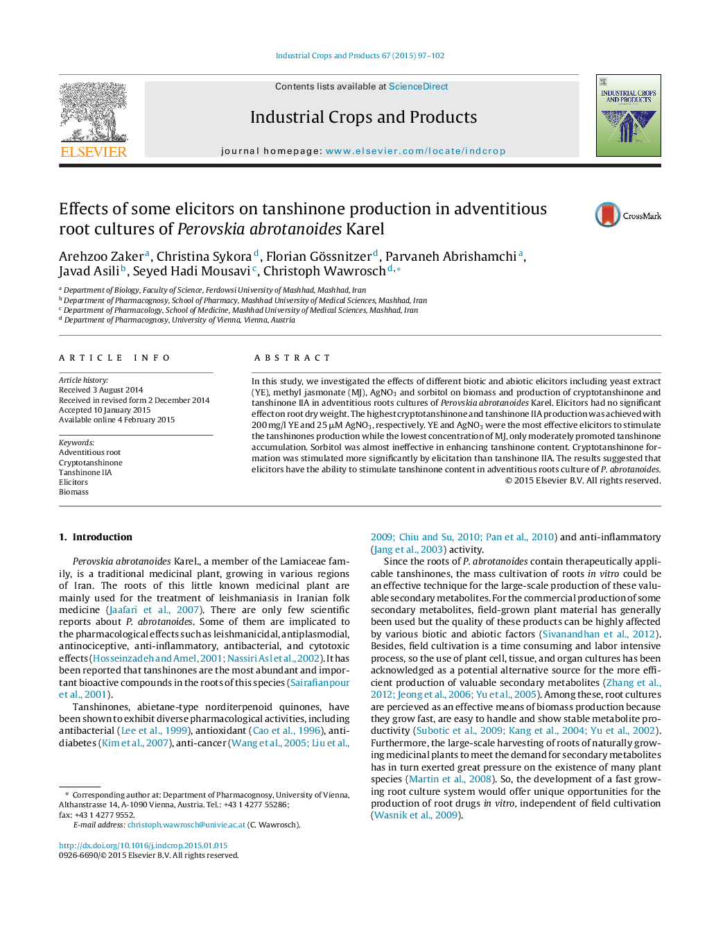 Effects of some elicitors on tanshinone production in adventitious root cultures of Perovskia abrotanoides Karel