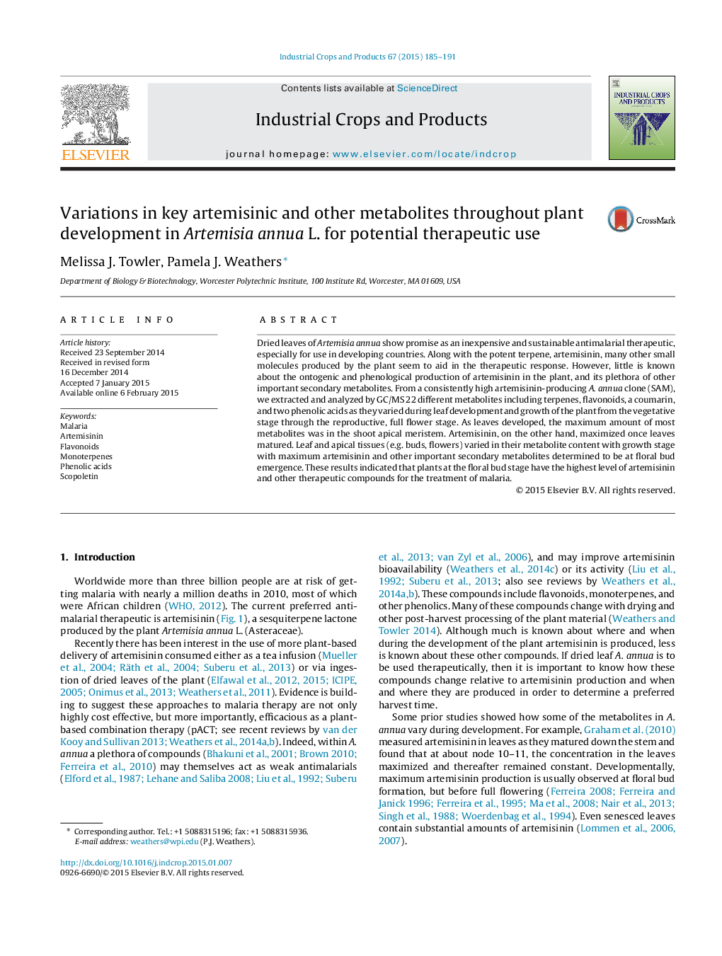 Variations in key artemisinic and other metabolites throughout plant development in Artemisia annua L. for potential therapeutic use