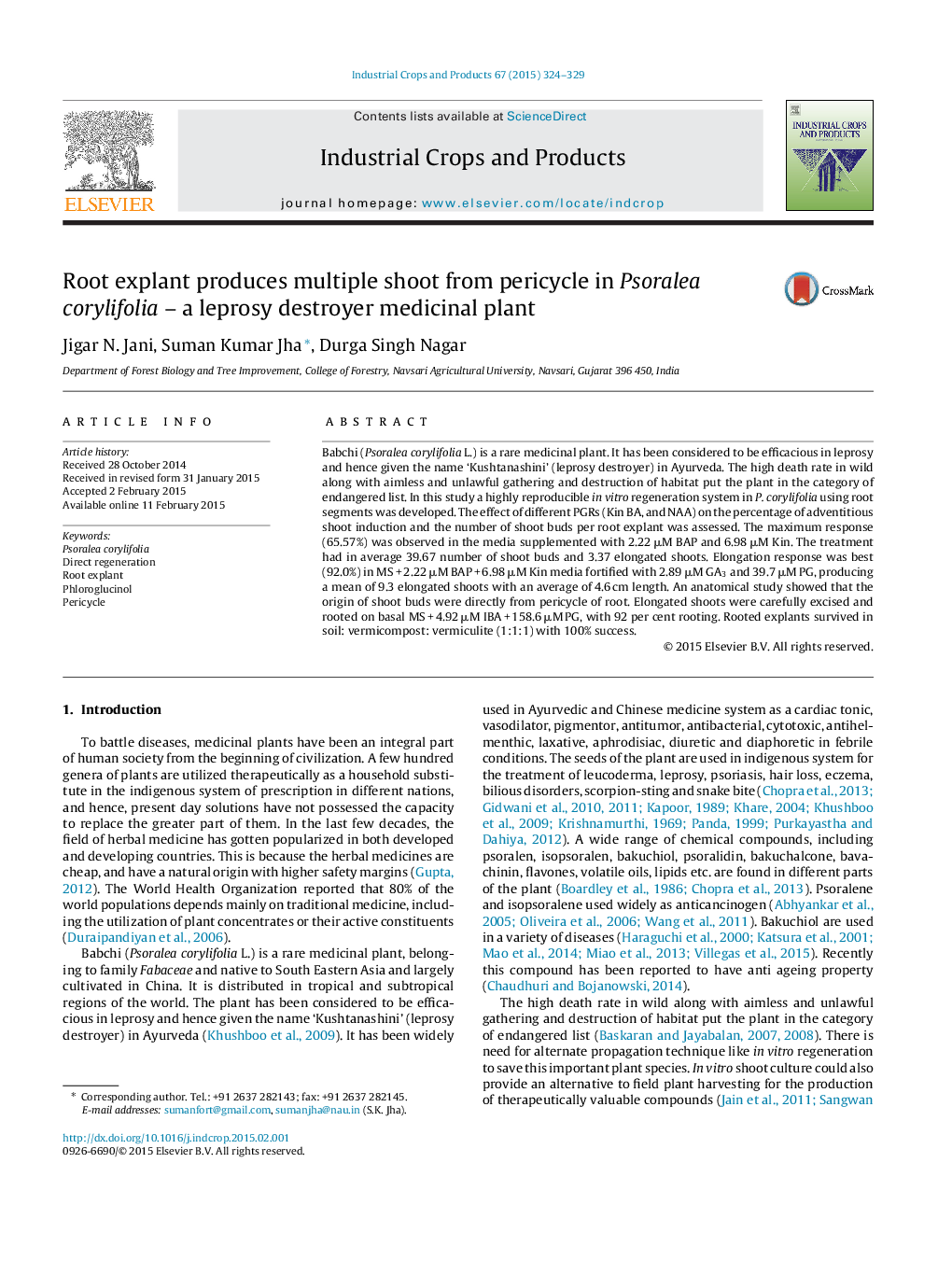 Root explant produces multiple shoot from pericycle in Psoralea corylifolia – a leprosy destroyer medicinal plant