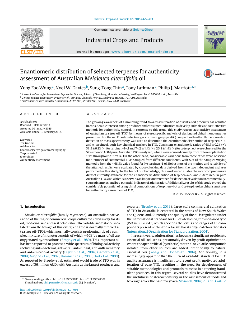 Enantiomeric distribution of selected terpenes for authenticity assessment of Australian Melaleucaalternifolia oil