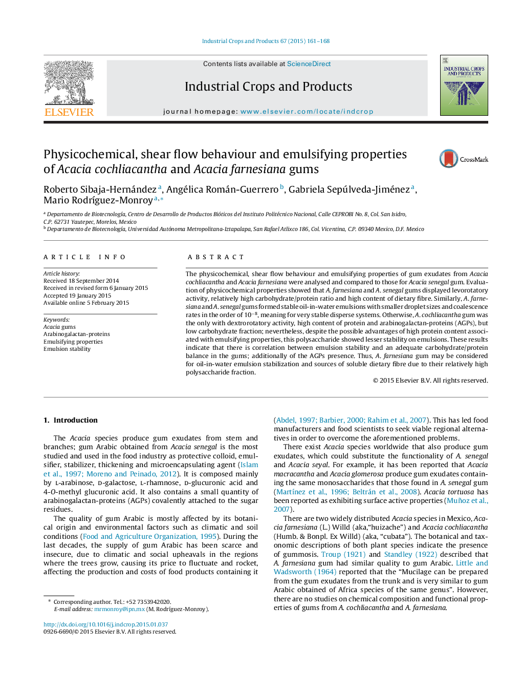 Physicochemical, shear flow behaviour and emulsifying properties of Acaciacochliacantha and Acaciafarnesiana gums