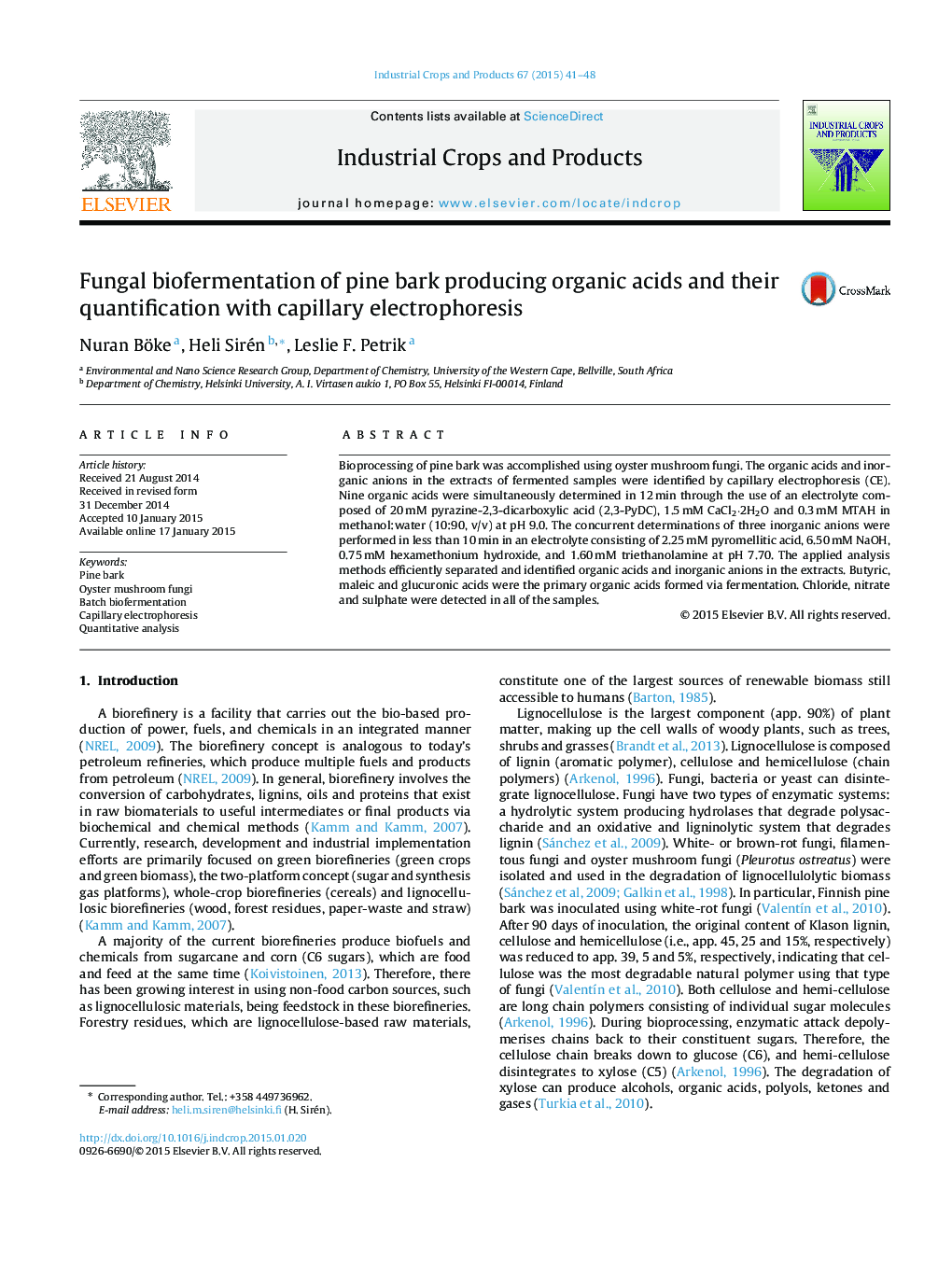 Fungal biofermentation of pine bark producing organic acids and their quantification with capillary electrophoresis